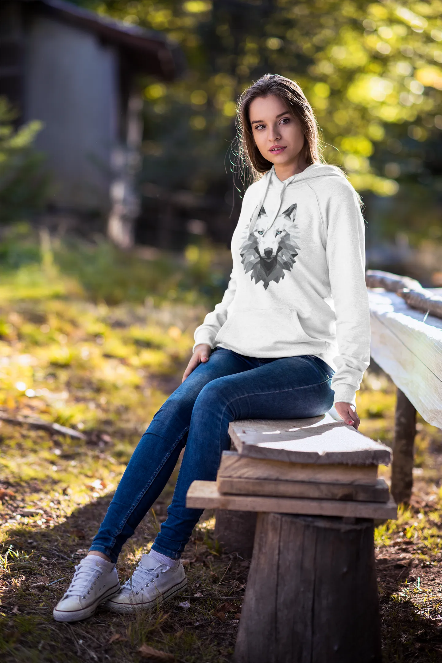 Unisex Bio-Hoodie mit Wolfmotiv "Polygon Weißer Wolf"