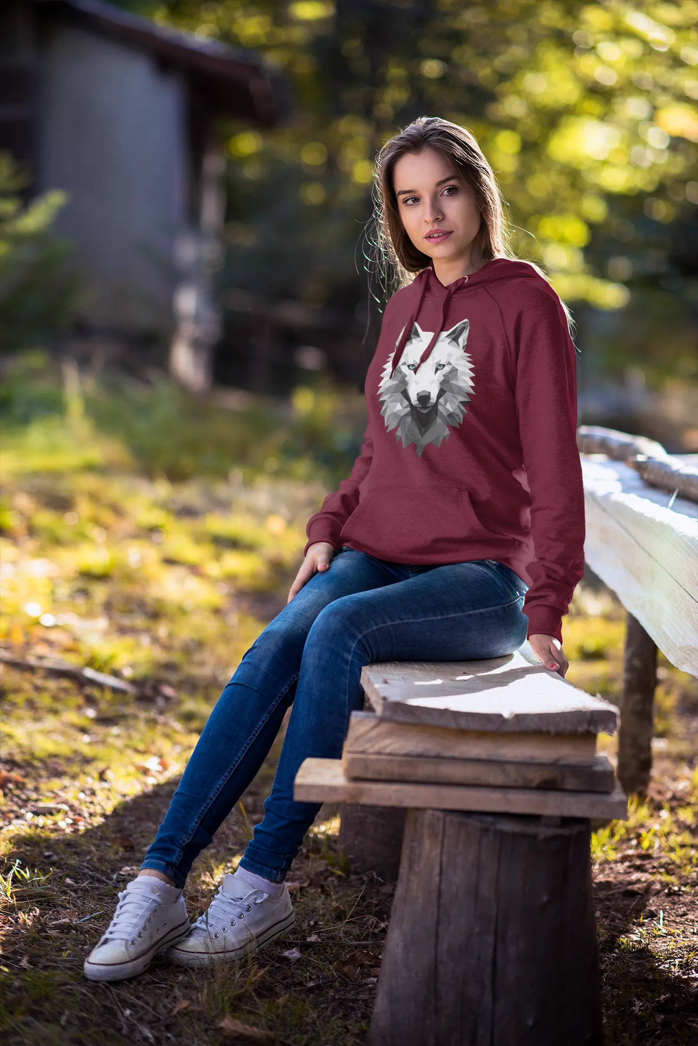 Unisex Bio-Hoodie mit Wolfmotiv "Polygon Weißer Wolf"