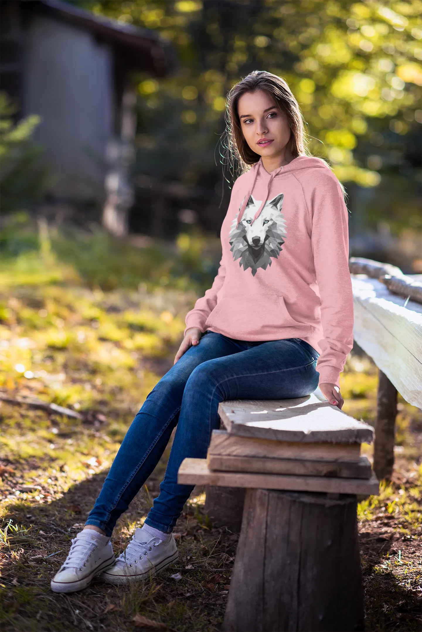 Unisex Bio-Hoodie mit Wolfmotiv "Polygon Weißer Wolf"