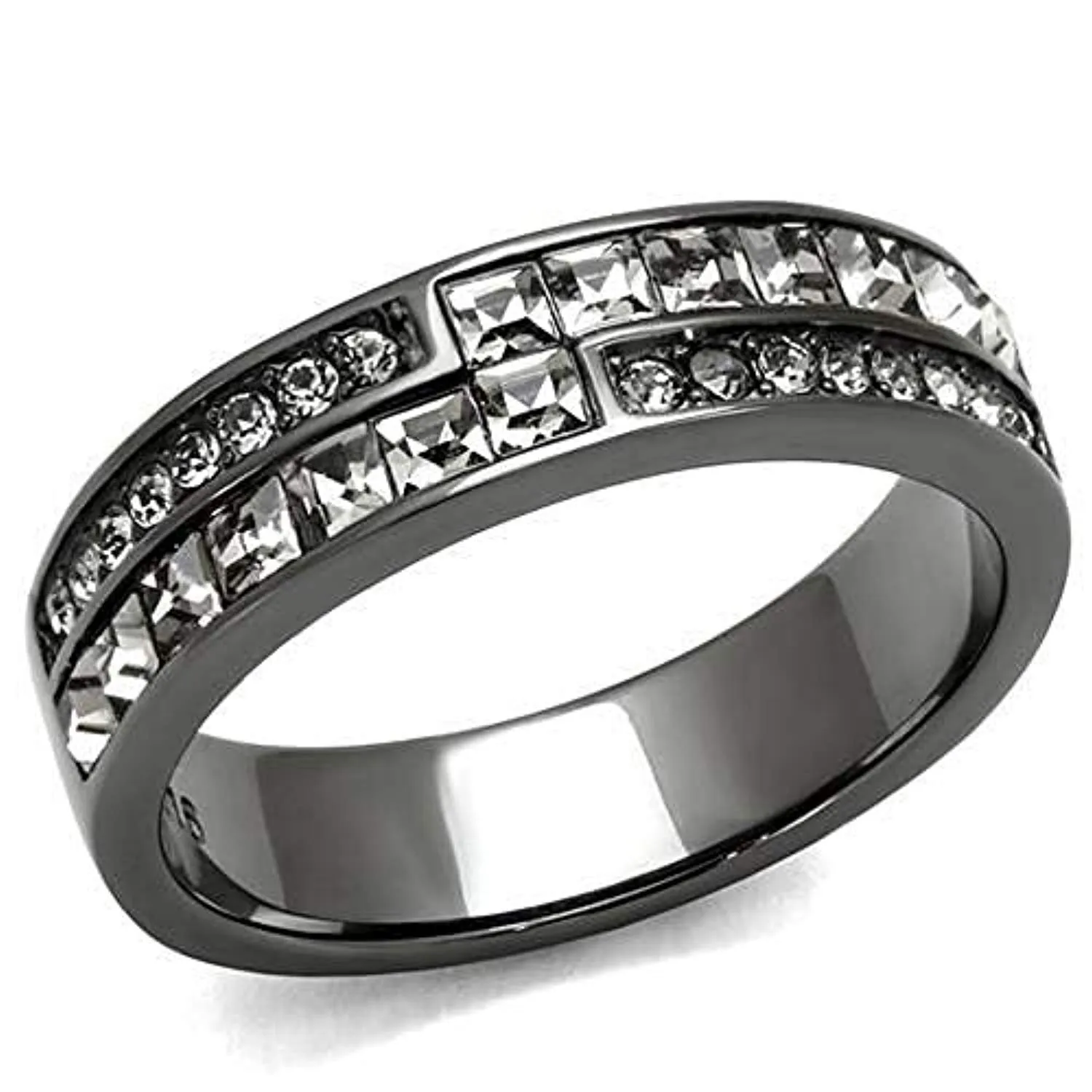 WildKlass Stainless Steel Ring IP Light Black (IP Gun) Women Top Grade Crystal Black Diamond